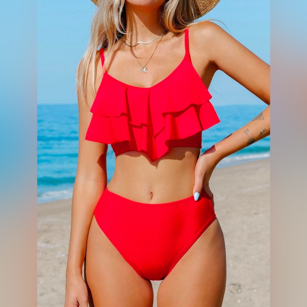 CUPSHE Women's Bikini 2 Piece Set High Waisted Swimsuit Tiered Ruffled Swimwear